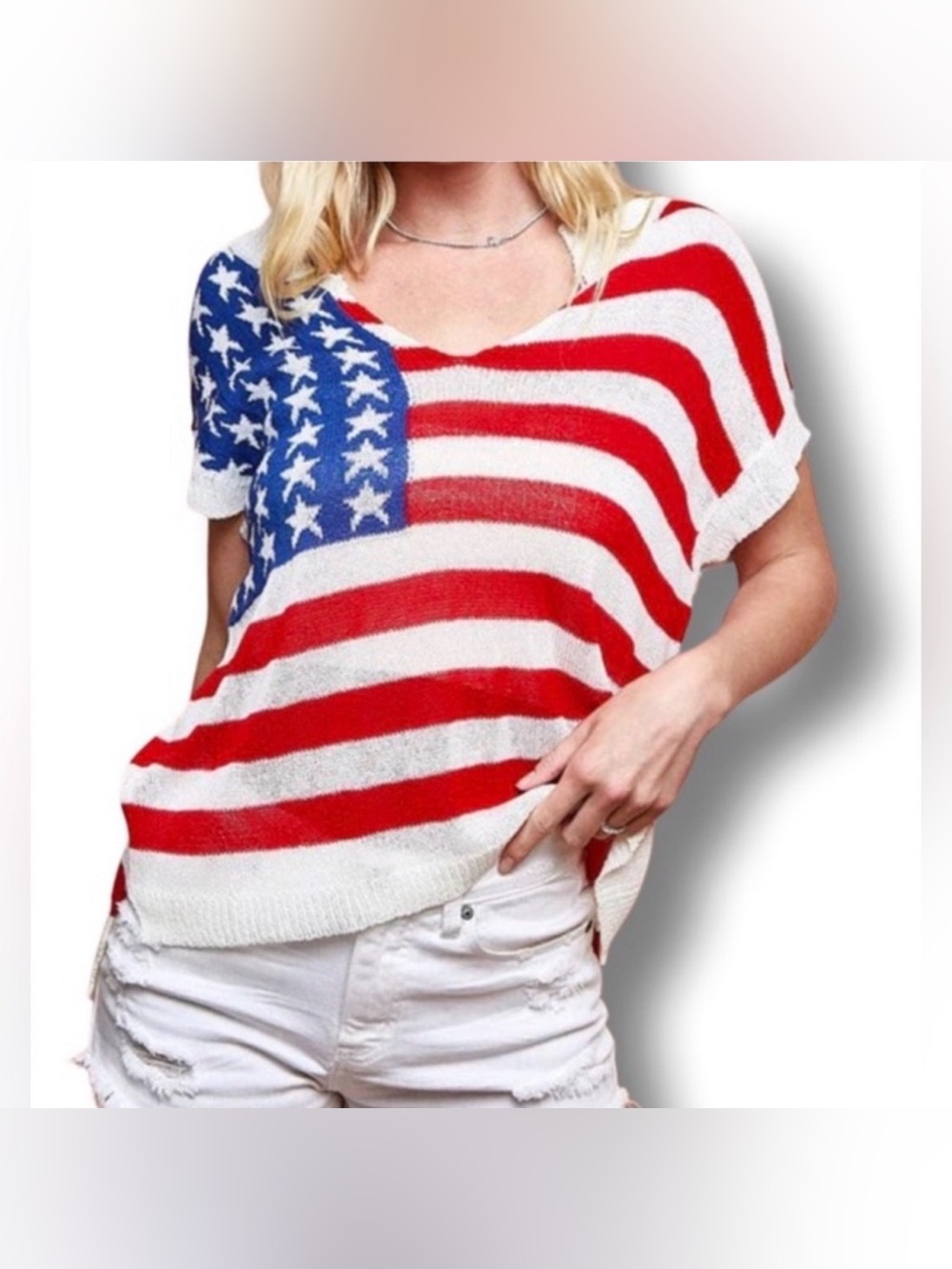BiBi Red White & Blue Flag Knit Top